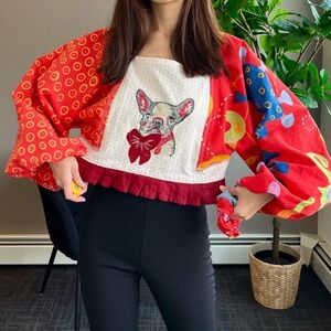 Handmade French Bulldog Bow Puff Sleeve Top with Matching Scrunchies SKU 09213